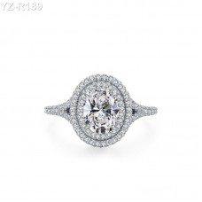 Oval Moissanite diamond Halo Pave Ring Shown in 9x11mm 5.0ct 